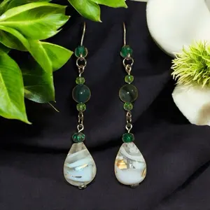 Green Emerald 8 mm bead Silver Plated Copper Wire Dangle Earrings with 4 & 6 mm glass beads and white glass pieces. Crystal Fashionable Jewelry for Adults