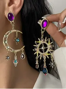 Vintage Star Moon Asymmetrical Earrings for Women, Handmade Boho Alloy Jewelry, Colorful Diamond Ear Studs, All Seasons Fashion