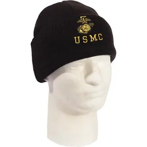 Black - Embroidered USMC Watch Cap with Gold Eagle, Globe, & Anchor Insignia - Acrylic Beanie