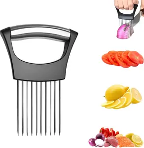 Stainless Steel Onion Slice Holder with Handles, Multifunctional Kitchen Utensil - Cutter Assistant Tool for Chopping Vegetables, Fruits, Meats (1-Piece)