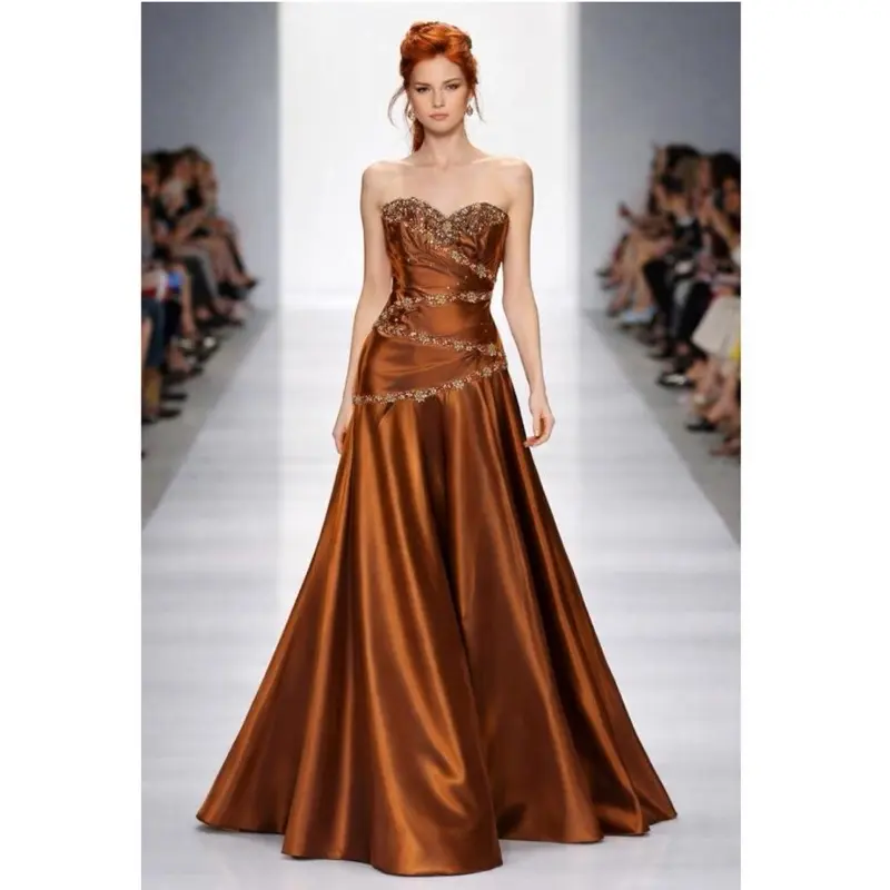 Copper Satin Strapless Evening Gown Beaded Bodice Lace-Up Back Formal Prom sz 4