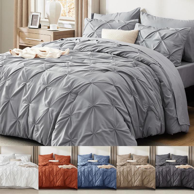 7 PCS-Bedsure Soft  Pintuck Messy Bedding Sets - Multi-Color,Cloud-like,Ultra-Soft,Machine Washable,Luxury Bedroom Decor Accessories,Breathable,All-Season King Size Comforter Sets,Hotel Quality, Restful Sleep, Geometric Pattern