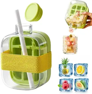 Innovative Patented 2 in 1 Portable Ice Cube Mold Bottle with Lid and Bin No Touch No Spill Single Press Easy Release Ice Maker Cup Container with Straw 16 9oz