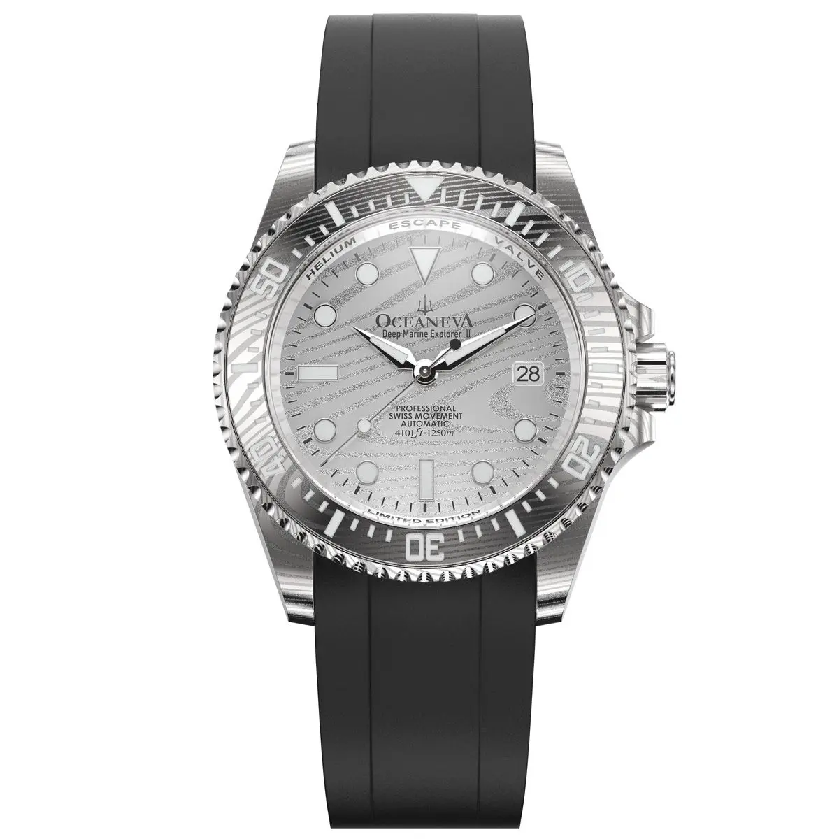 Oceaneva Men's Deep Marine Explorer II - 1250M Swiss Dive Watch with Silver Damascus Steel Dial & FKM Rubber Band