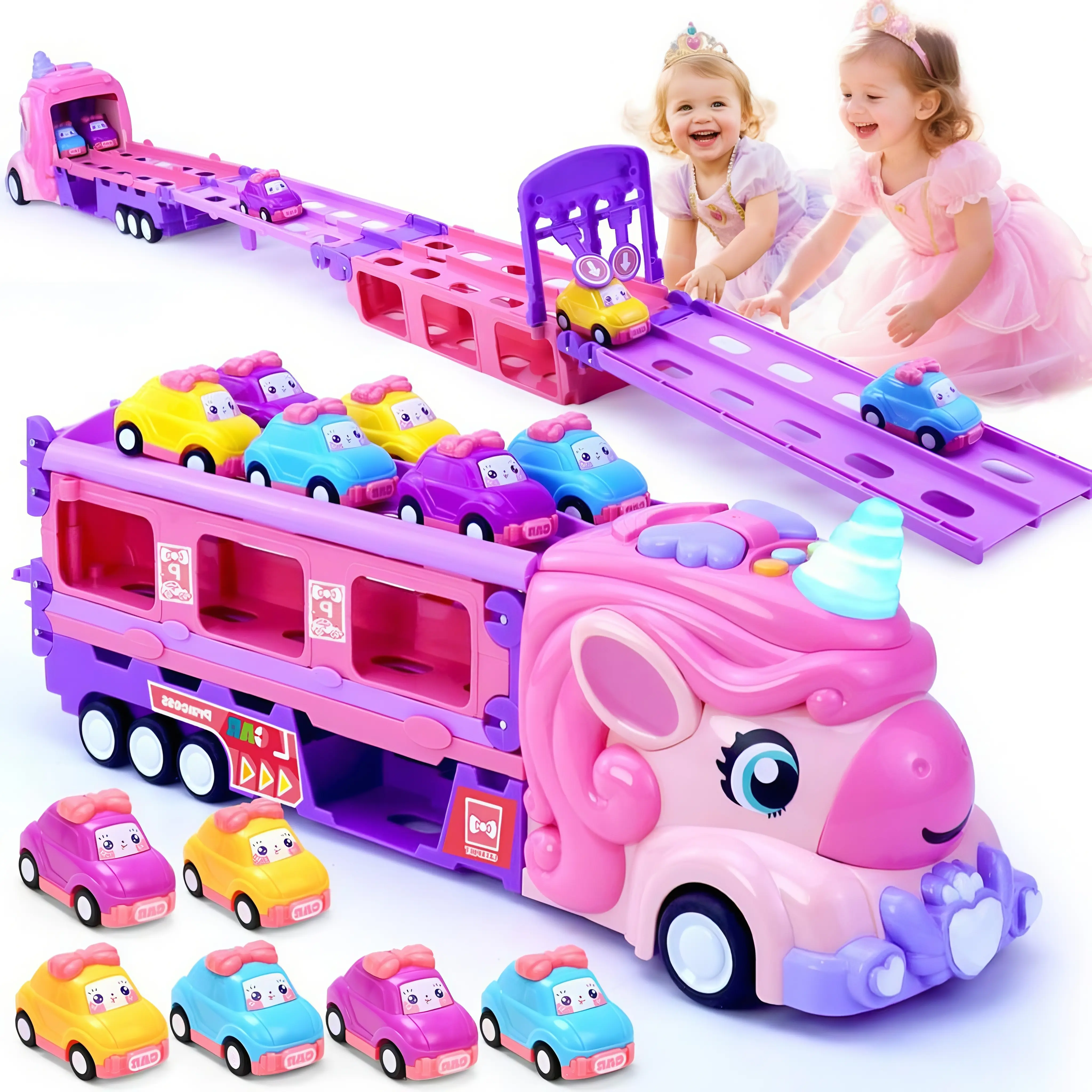 truck Kids 7-In-1 Unicorn Car Toy with Lights & Music, Foldable Transport Carrier Truck for 1-5 Year Olds, Perfect Gift for Girls hotshot  truck outdoorfun Ride On Car Wheel