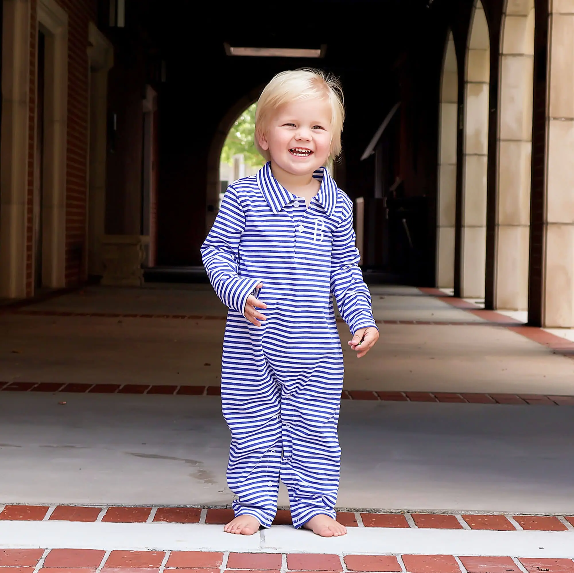 Royal Blue Stripe Polo Romper - Soft Cotton Long Sleeve Outfit for Baby & Toddler Boys