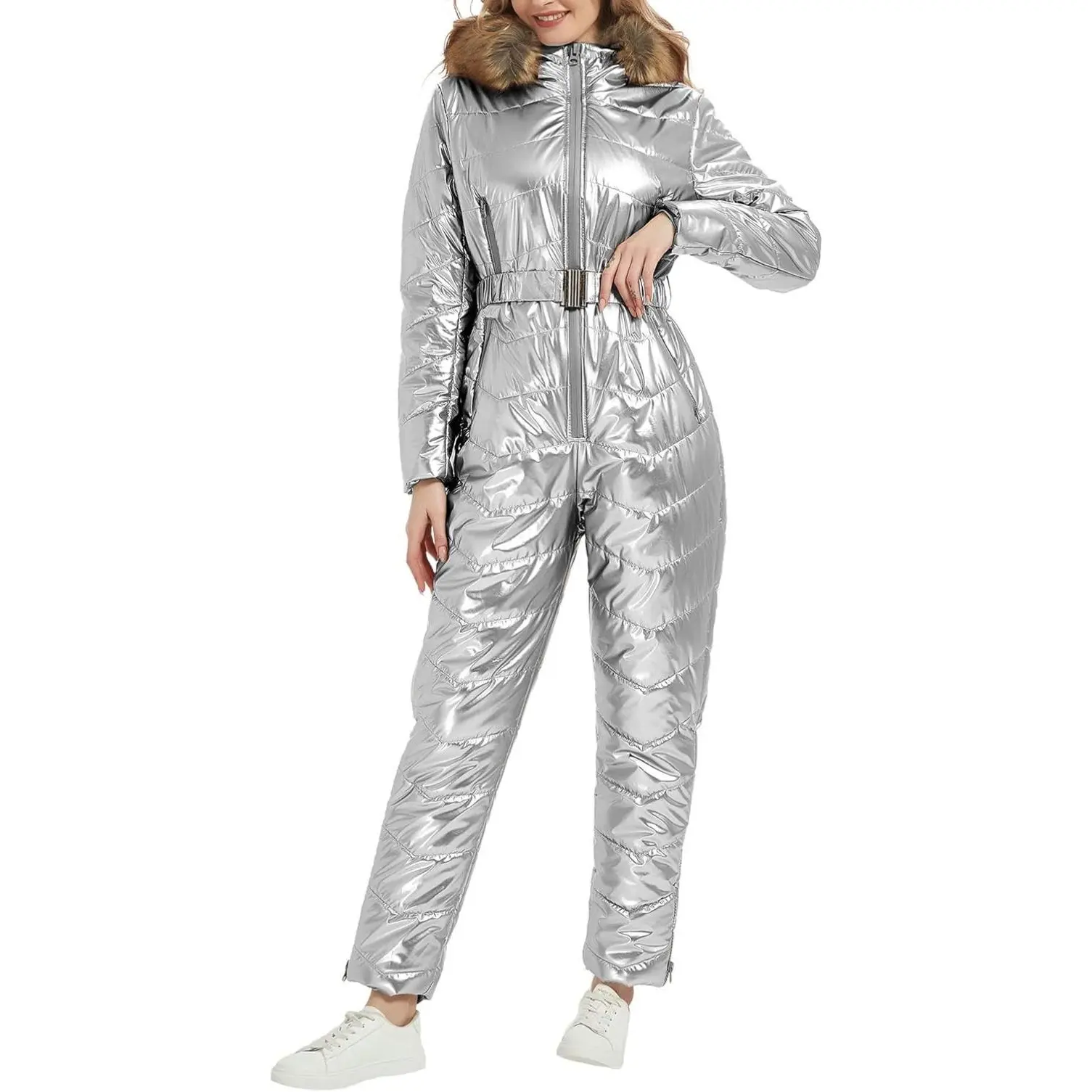 Women Ski Suit Jumpsuit, Winter Onesies Outdoor Sports Waterproof Snowsuit One Piece with Hood Removable Fur Collar