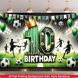 Football 10th birthday background banner, vivid football field design, polyester material photography background cloth, suitable for photo booths, parties, birthdays, celebrations, as well as indoor and outdoor home birthday party decoration, front porch