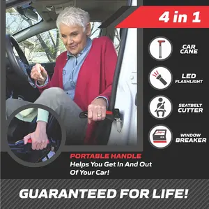 Car Cane 4 in 1 Door Handle with Built-in LED Flashlight, Window Breaker, Seatbelt Cutter, Mobility Aid for Elderly