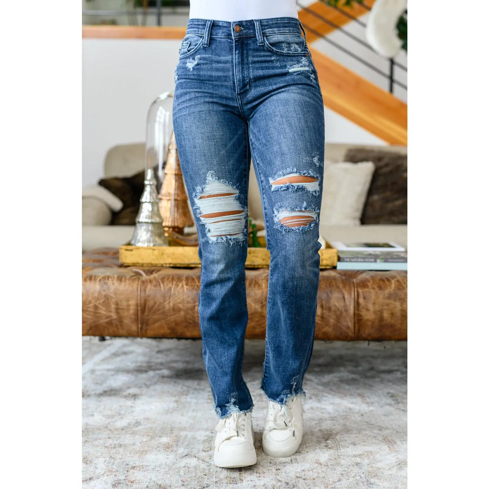Christine High Contrast Slim Bootcut Destroyed Jeans
