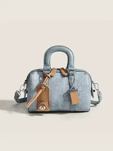 Elegant Denim Pillow Bag for Women, 2026 New Trendy Lightweight Luxury Bowling Bag, French Style Boston Bag, American Vintage Look
