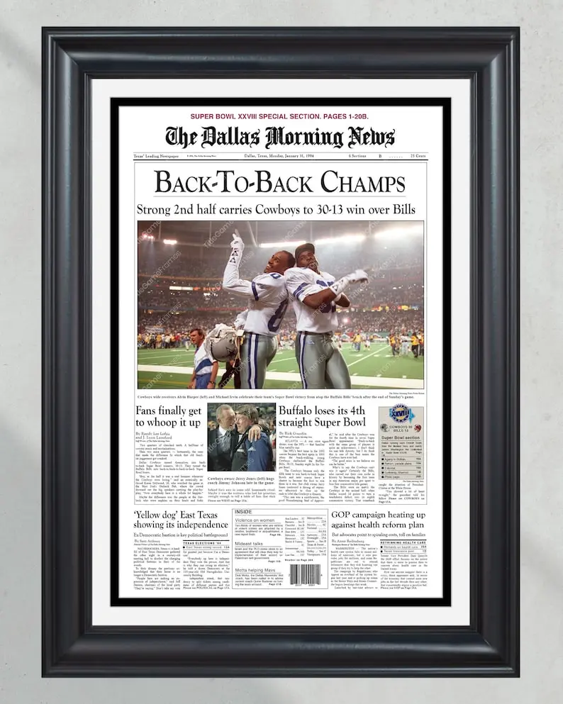 1994 Dallas Cowboys Back to Back Super Bowl Champions Poster No Frame Front Page Newspaper Print