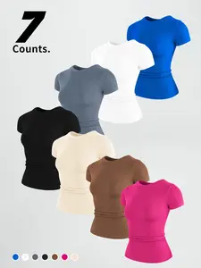 Women's Multi-Color Plain Pattern Round Neck Short Sleeve Slim Fit T-Shirt, Sporty Yoga Workout Top, Fitness Top, Comfortable Stretchy Elastic Fabric, Summer High-Performance Tee