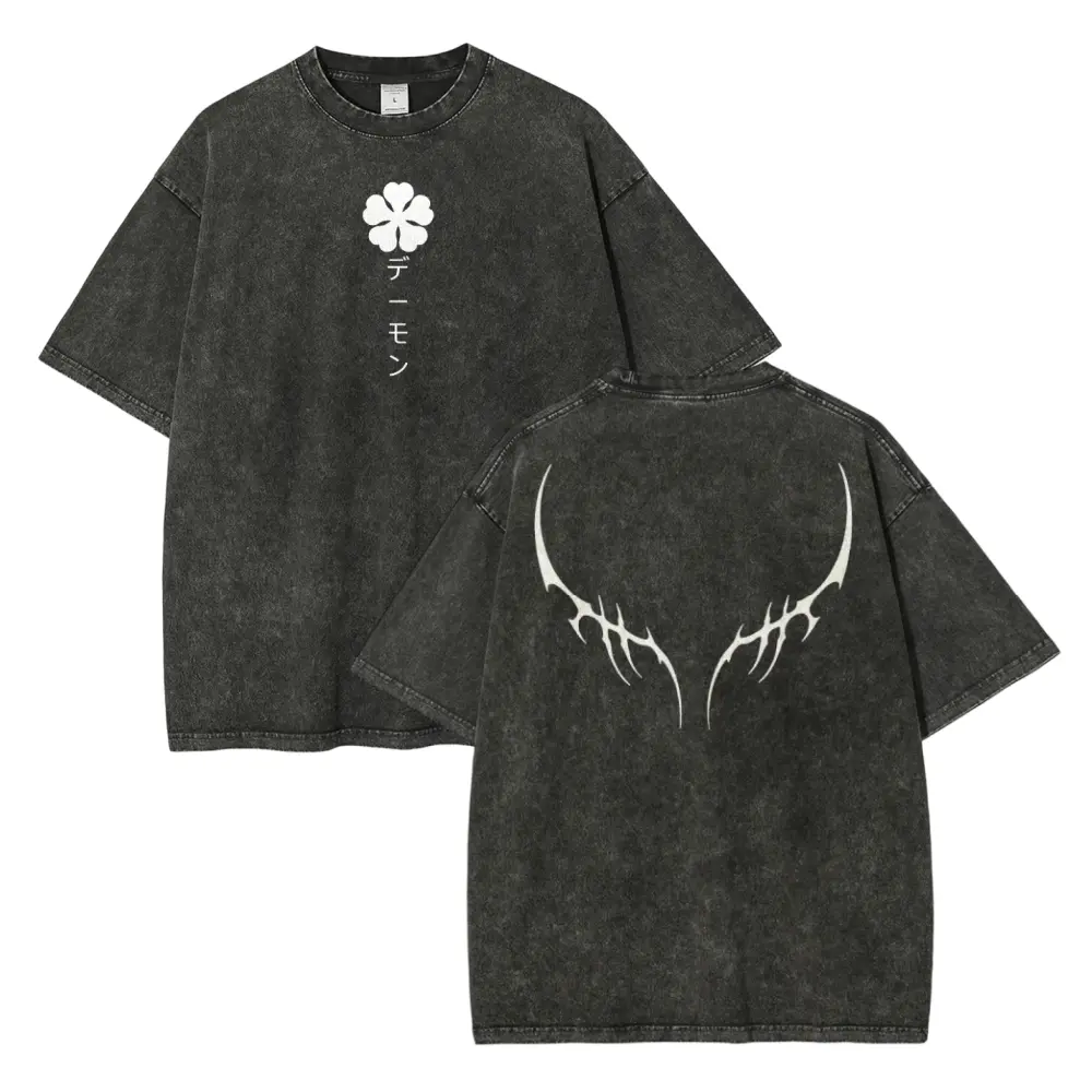 Black Clover Asta Demon Wings Oversized Graphic Tee Vintage Acid Wash Anime T Shirt Y2K Streetwear Gym Pump Cover Five Leaf Clover Retro Manga Merch Tiktok Finds Trendy Dark Aesthetic Workout Fit Minimalist Top Japanese Activewear Mens
