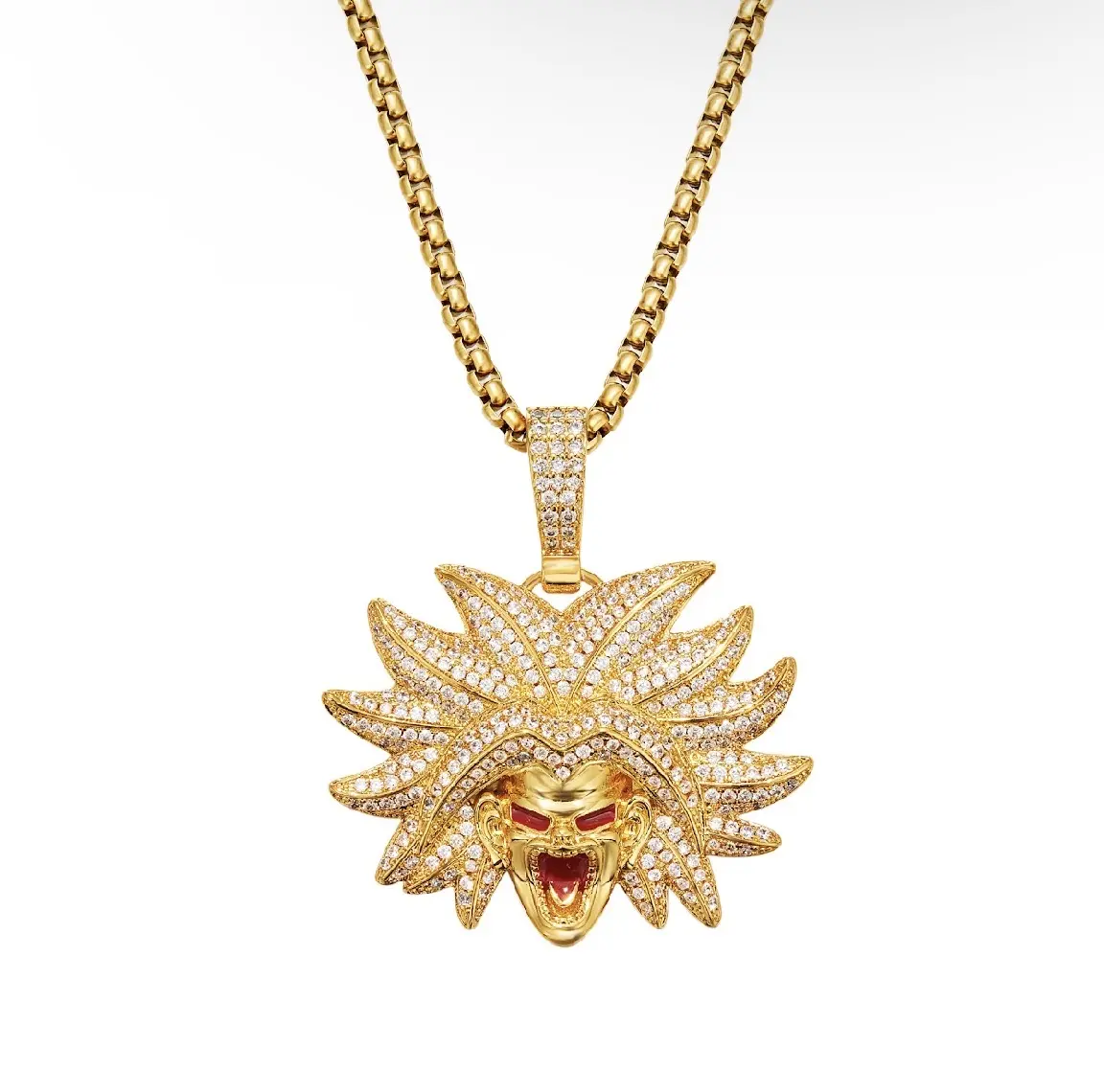 Gold Plated Stainless Steel Iced Anime Warrior Pendant with 24" Box Chain