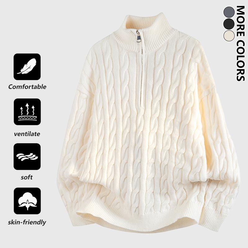 Men's Turtleneck Zip-Up Knit Sweater with Adjustable Neckline, Classic Cable Knit Pattern, Minimalist and Versatile, Perfect for Staying Warm and Stylish This Fall and Winter