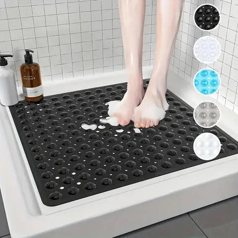 Square Non-slip Shower Mat, Bathroom Mat with Massage Bubbles Suction Cups, Drain Quickly Bathroom Accessories for Home Dormitory Hotel Salon, PVC Shower Mat, Bath Mats, Nonslip Shower Mat