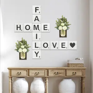Family Home Love Rustic Crossword Wall Decor, 5"X5" Wood Tiles, for Living Room, Farmhouse, Family Wall Decor And, Wall Sign for Family Room, Housewarming Gift TenXVI Designs