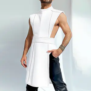 INCERUN Mens Plain Minimalist Geometric Aesthetics Corset - White Mid-Length High Neck Sleeveless Tunic, Structured Waist Tie Top for Street Photoshoot, Clubwear