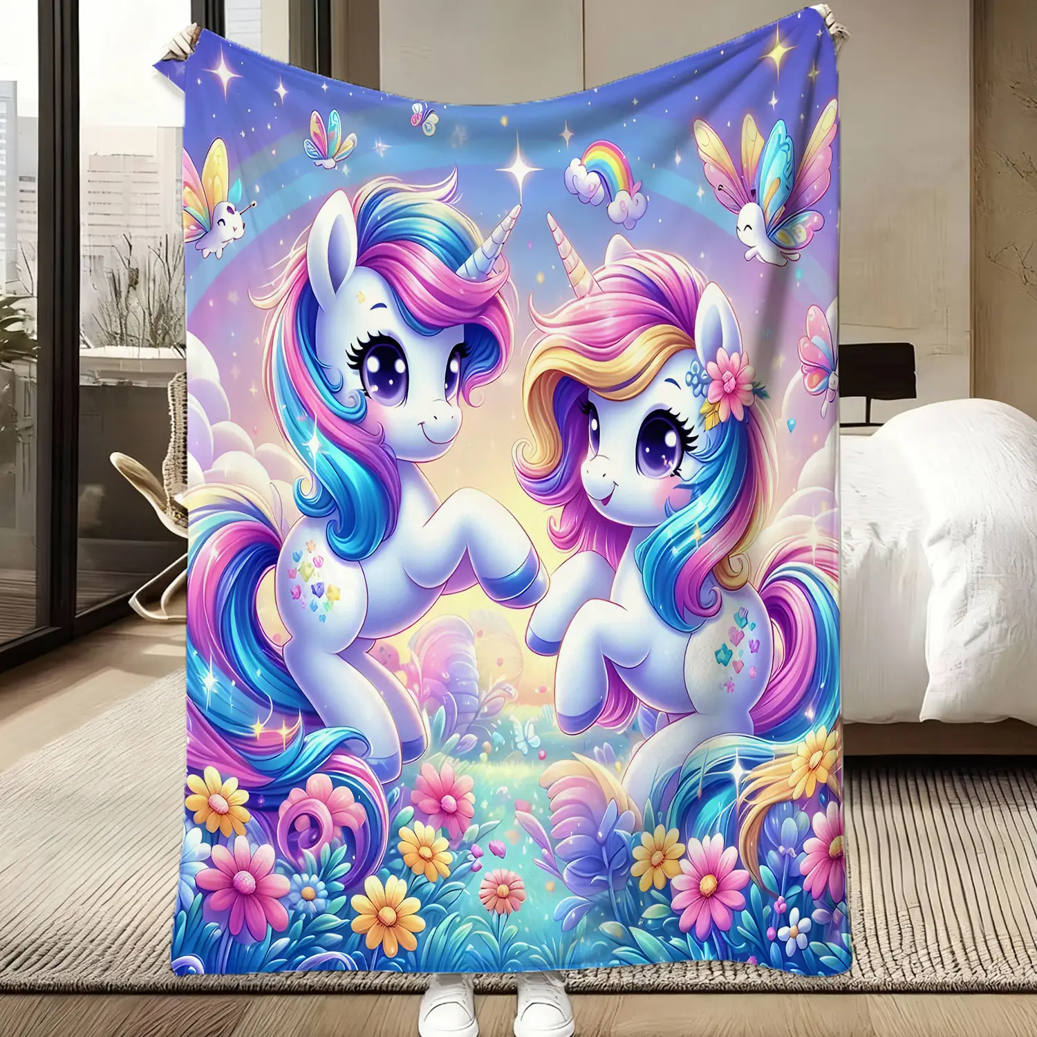 Magical Rainbow Unicorn Throw Blanket - Cute Twin Ponies & Butterflies Design | Ultra Soft Fleece for Girls' Bedrooms & Dreamy Nights!