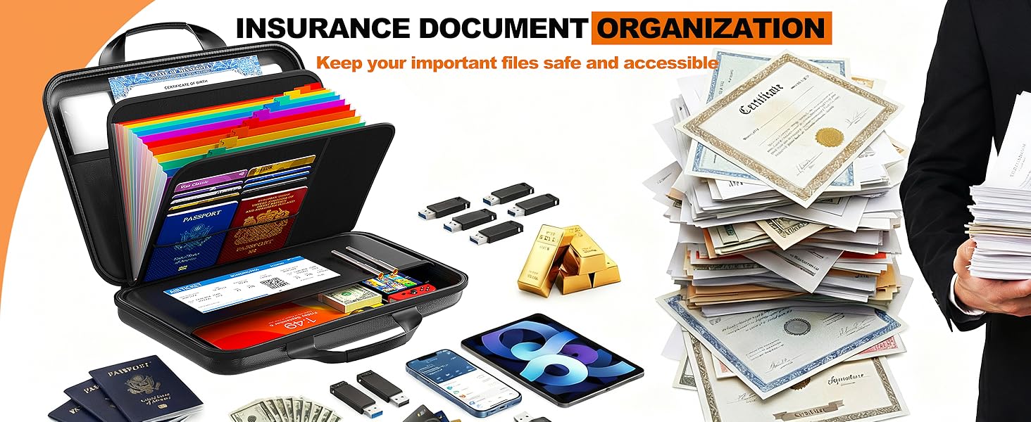 Fireproof Accordion File Organizer with Lock,Hard-Shell Fireproof Document Box with 13 Pockets for Certificates, Passports Laptop Important Documents Portable Home Office Travel Safe Storage
