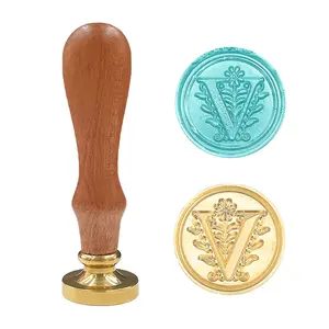 Medieval Traditional Initial Alphabet Wax Seal , Brass  Wooden Handle Letter  for Card/Envelope/ - (Letter V)