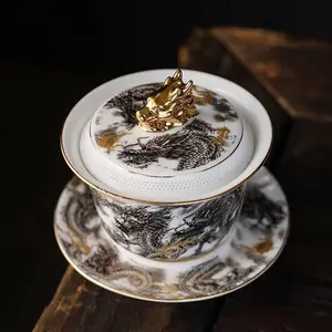 Imperial Dragon Gaiwan - 360° Pouring| 150ml White Jade Porcelain with Vintage Gold Dragon Motif| Golden Dragon Gaiwan - 360° Pouring| Timeless Elegance with Imperial Dragon Motif Mugs Drinkware