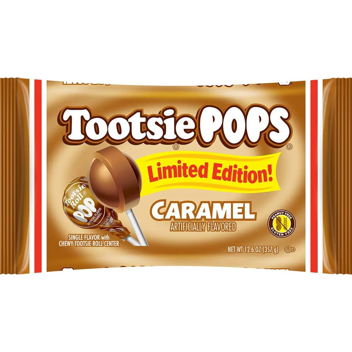 Limited Edition Caramel Flavor Pops Snack Bonbon, 20-Count, 12.6oz Bag - Single Flavor, Chocolatey Center, Individually Wrapped Hard Candy, Peanut-Free, Kosher, Gluten-Free