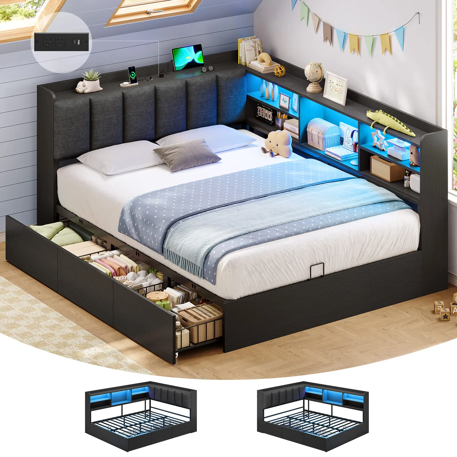 Hasuit | Corner Bed Frame with Storage Drawers and Bookcase Convertible Bed Frame with Power Outlet and LED Lights