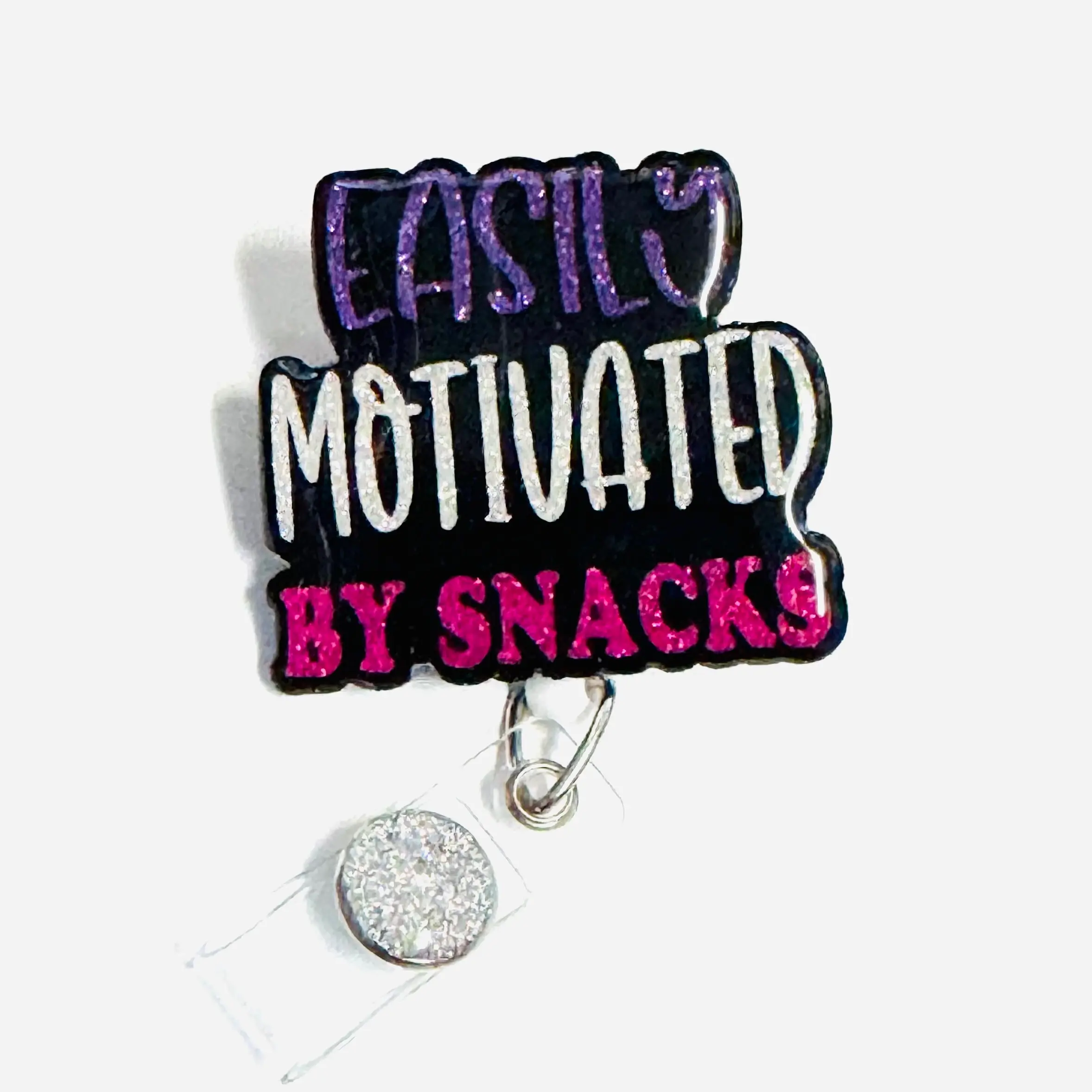 Easily Motivated by Snacks Badge Reel, Retractable Swivel Alligator Clip 2”