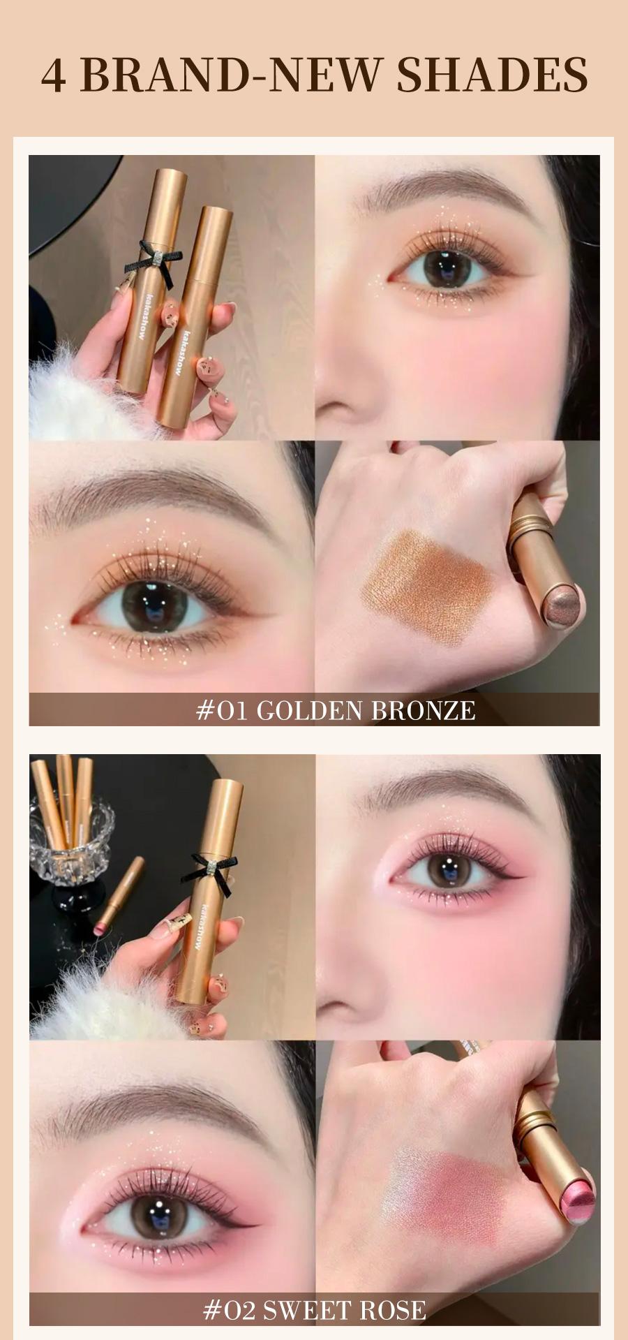 Pack of 4 3-Color Eyeshadow Stick Gradient, Waterproof Long Lasting Creamy Shimmer Eye Shadow, Portable Smudge-Proof Glitter Makeup for Women, Day to Night (Fine Shimmer Brownish Orange)