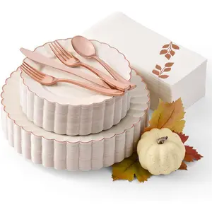 Thanksgiving, Christmas, Party, Holiday Plates Disposable Dinnerware Set HEAVYWEIGHT 175 Pc Scalloped Plastic Plates Rose Gold Trim | Elegant High End Disposable Plates, Cutlery, Fall Leaf Napkins (25 Guests)