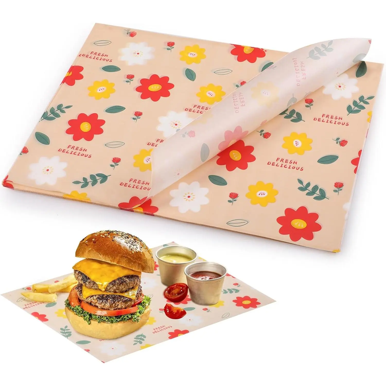 Waxed Deli Paper Sheets 11 * 15 Inch, 100 count  Basket Liners for  Fries, Burgers, Dry Sandwich Wrap Paper Sheets Floral