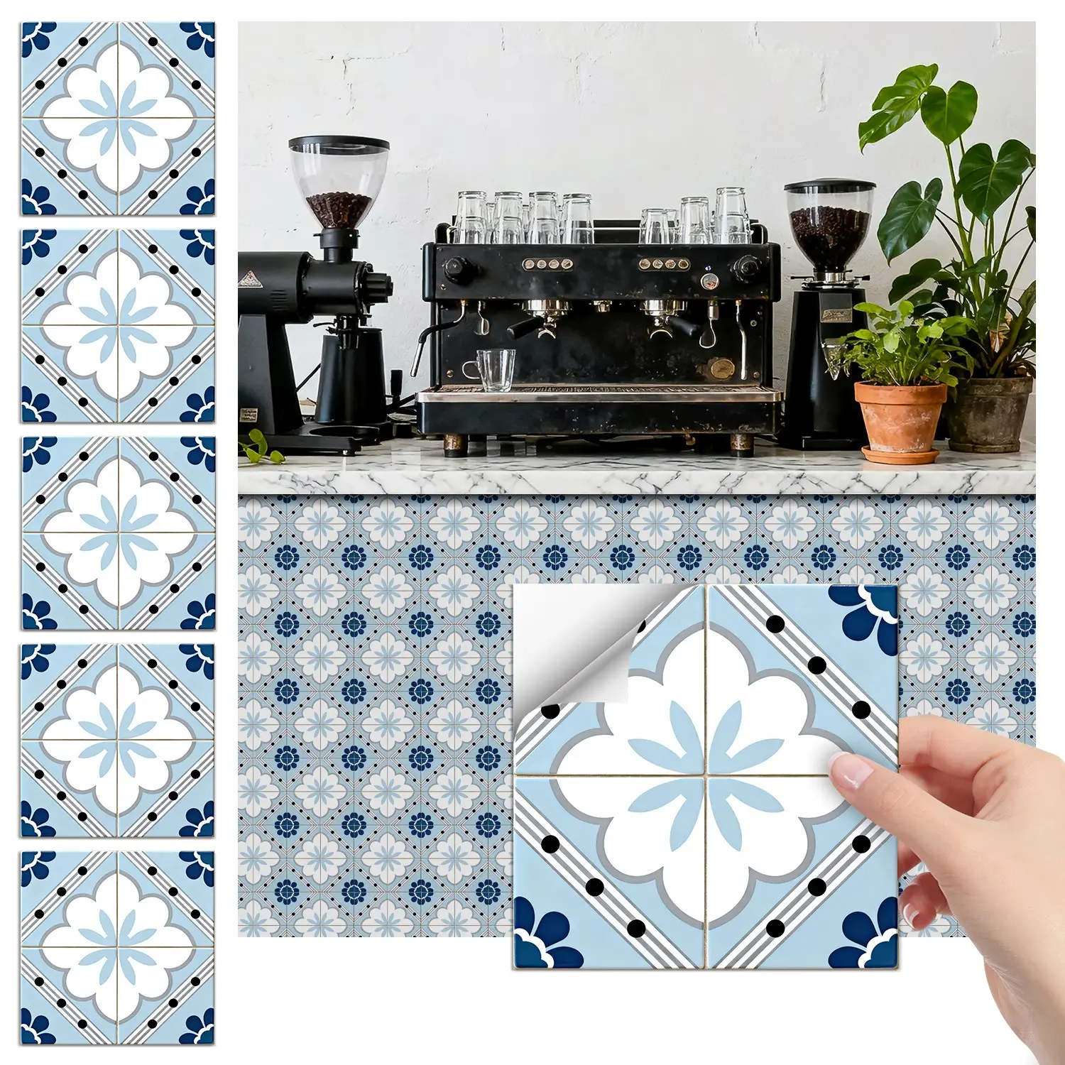 24PCS/Box FHZ Classic Art Tile Stickers | Light Blue & White Vintage Floral Pattern | PET Matte Self-Adhesive Waterproof Oil-Proof | For Kitchen Backsplash/Bathroom/Bedroom/Office/Furniture/Stairs Wall Decor