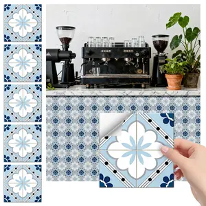 24PCS/Box FHZ Classic Art Tile Stickers | Light Blue & White Vintage Floral Pattern | PET Matte Self-Adhesive Waterproof Oil-Proof | For Kitchen Backsplash/Bathroom/Bedroom/Office/Furniture/Stairs Wall Decor
