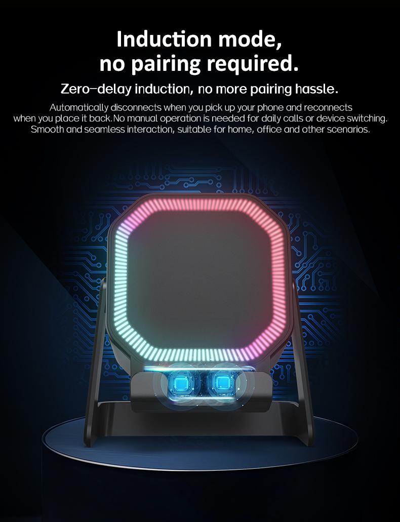 Wireless Induction Audio Speaker Stand - 5-in-1 360° Adjustable Phone/Tablet Holder with 1500mAh Built-in Battery, Colorful Ambient Light - Gift for Men