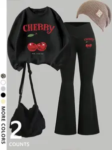 Women'sSummerLetterCherryPrintPulloverSweater&Slim-FitFlarePantsSet,StylishComfortableforDailyWear