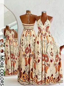 Women's Vacation Style Floral Bird Print Halter Backless Drawstring Long Dress, Elegant Summer Fashion, Perfect for Travel