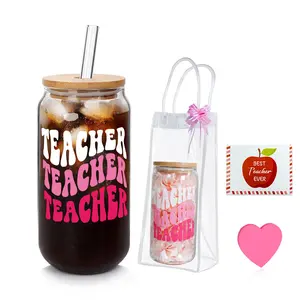 ANOTION Graduation Gift Bulk Appreciation Gifts for Teacher – 18oz Glass Cup with “Teacher” Print, Card, Sticky Notes & Gift Bag – Thank You Present