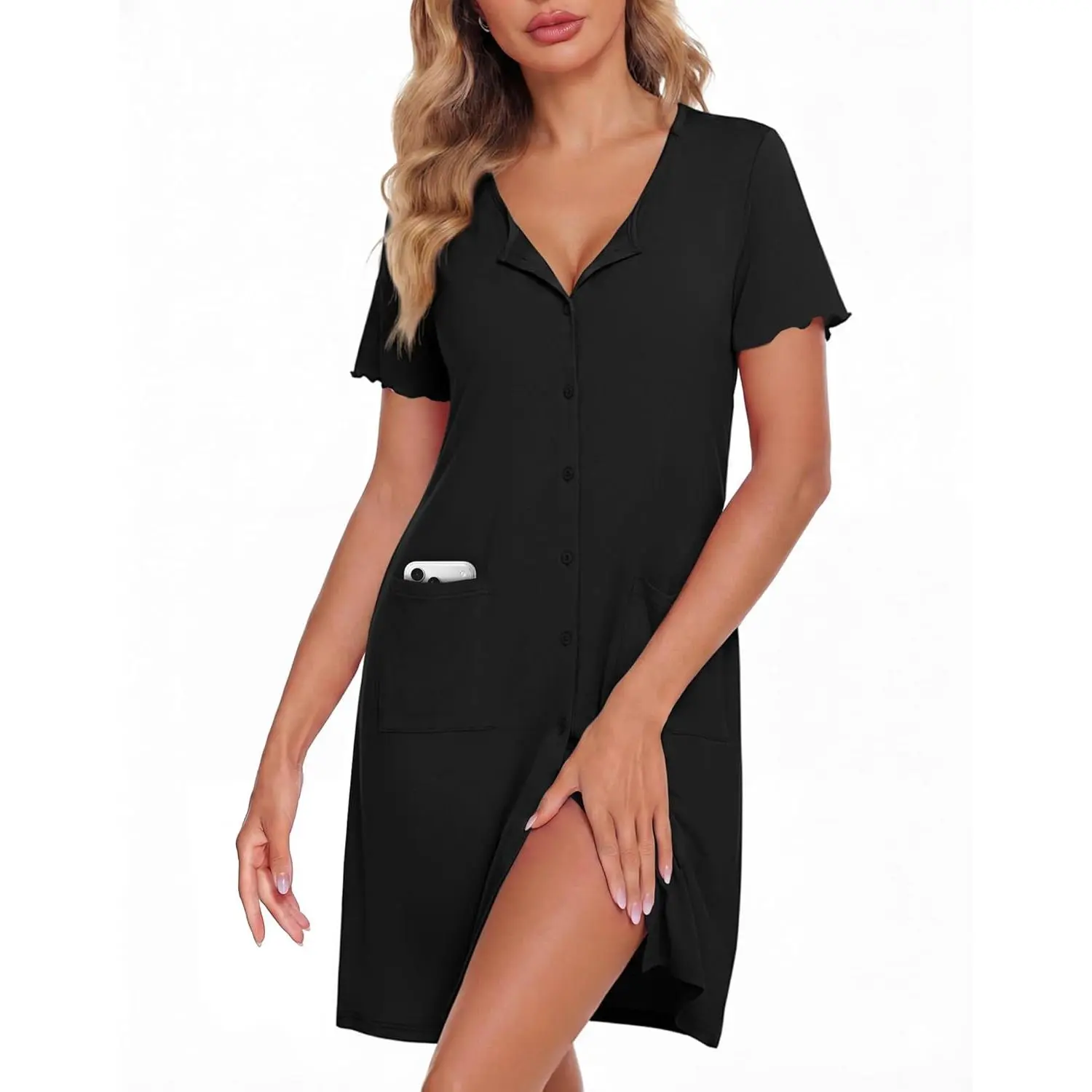 Women's Short-Sleeve Button-Up V-Neck Nightgown with Pockets - Basic Lady Loungewear Clothes 2026