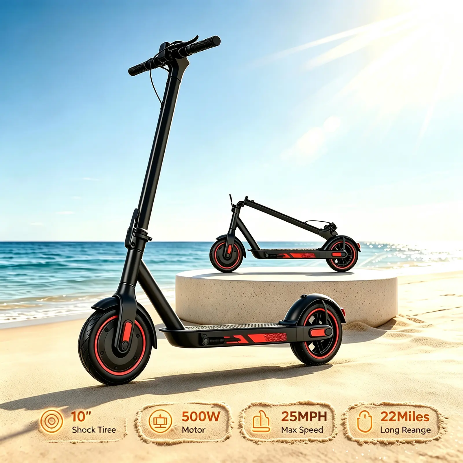 Adult Electric Commuter Scooter, 500W Motor, 10-Inch Shock-Absorbing Air Tires, 25MPH Max Speed, 22Miles Range, App Control, 3-Second Quick Folding, 265LBS Max Load, Headlight & Taillight for Urban Daily Travel
