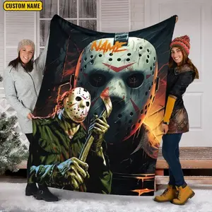 Customized Name Jason Voorhees Blanket, Halloween Horror Flannel Mink Sherpa Blanket, The Killers, Custom Name Blanket