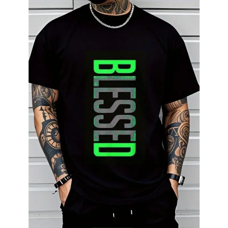 Men's Plus Size Casual Crew Neck T-Shirt - Geometric-Pattern, Smooth Cotton Knit Fabric, Medium Stretch - Short Sleeve Tee for Leisure & Everyday Wear |   Breathable Comfort Fit |   Machine Washable