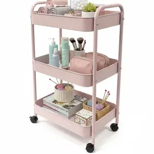 3-Tier Rolling Storage Cart, Mobile Shelving Unit with Wheels, Practical Metal Utility Cart with 4 Hooks Storage Cart for Kitchen, Bathroom, Laundry Room, Bedroom and Various Settings,Pink and white.