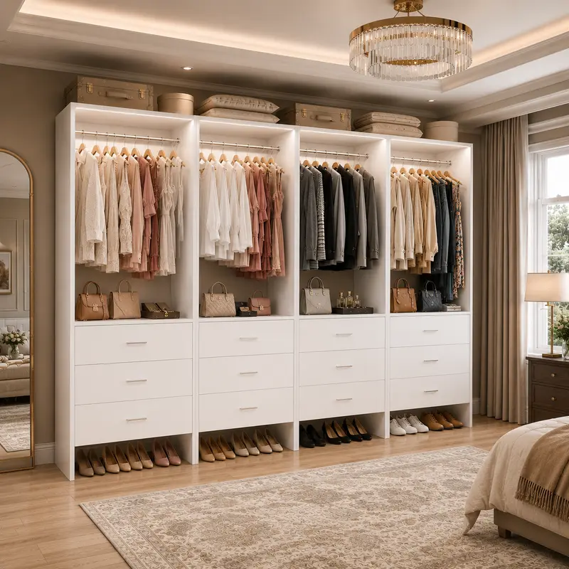 Cyclysio Modular Closet Organizer System with Wooden Drawers & Hanging Rod, 1-4 Pieces, 24"-96" Freestanding Walk-in Wardrobe Clothes Rack, Stable Organizer Storage for Small Spaces, Room Decor, Clean Look Bedroom Items