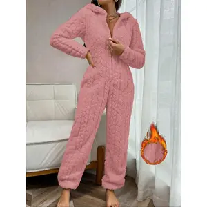 Women’s Thick Plush Hooded Jumpsuit Pajama Set, Casual Solid Color Zip-Front Design, Cozy Autumn & Winter Homewear, Premium Fluffy Loungewear