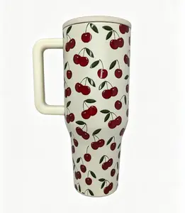 HydroJug 40oz Cherry Print Travel Tumbler - Leak-proof Stainless Steel Insulated Water Bottle with Insulation, 24hr Cold Retention, Portable European Travel Coffee Mug Drinkware day gift