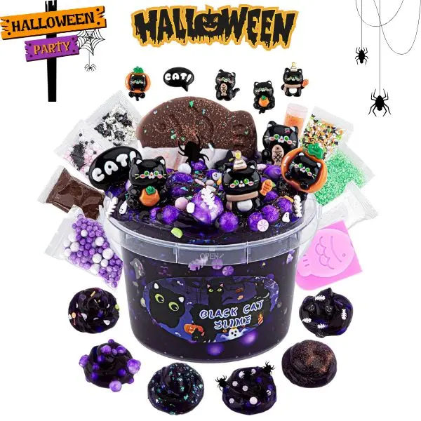 300ml Black Cat Slime Kit with Clay, DIY Clear Slime Making Kit for Kids, Non-Stick Slime Toys with 9 Cat Charms, Halloween Party Favors, Birthday, Christmas & Easter Gifts for Girls & Boys