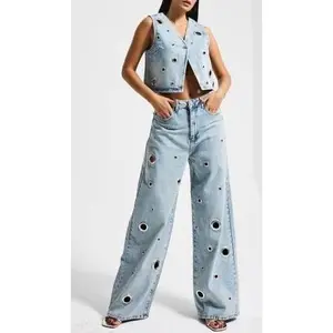 Light Wash Grommet Denim Set