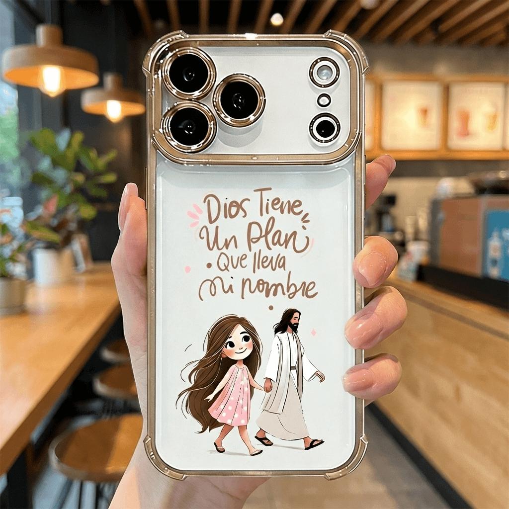 Dios Tiene Un Plan Que Lleva Mi Nombre Jesus & Girl Phone Case for iPhone 11 12 13 14 15 16 17 Pro Max Plus Air, Christian Faith Rose Gold Clear Shockproof Cover, Religious Gift for Women Girls DDSJ260404011